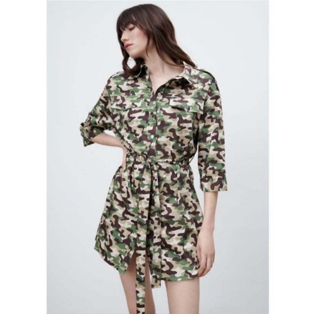 🔥"Zara" Camouflage print shirt mini dress size XS. (No belt).